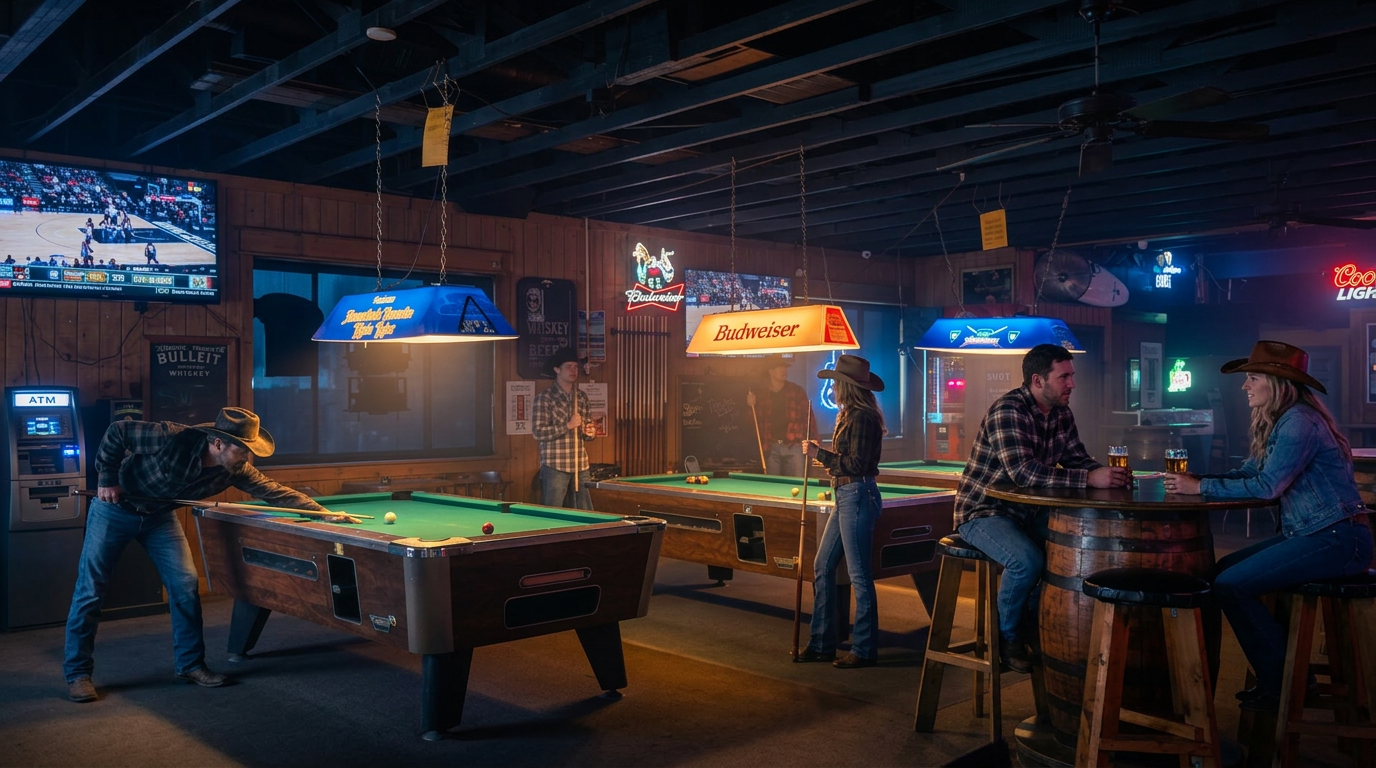 Inside Whiskey's Saloon with a live band and pool tables